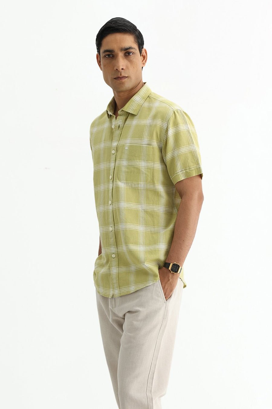 BASICS SLIM FIT BROWN COTTON LINEN CHECKS HALFSLEEVES SHIRT