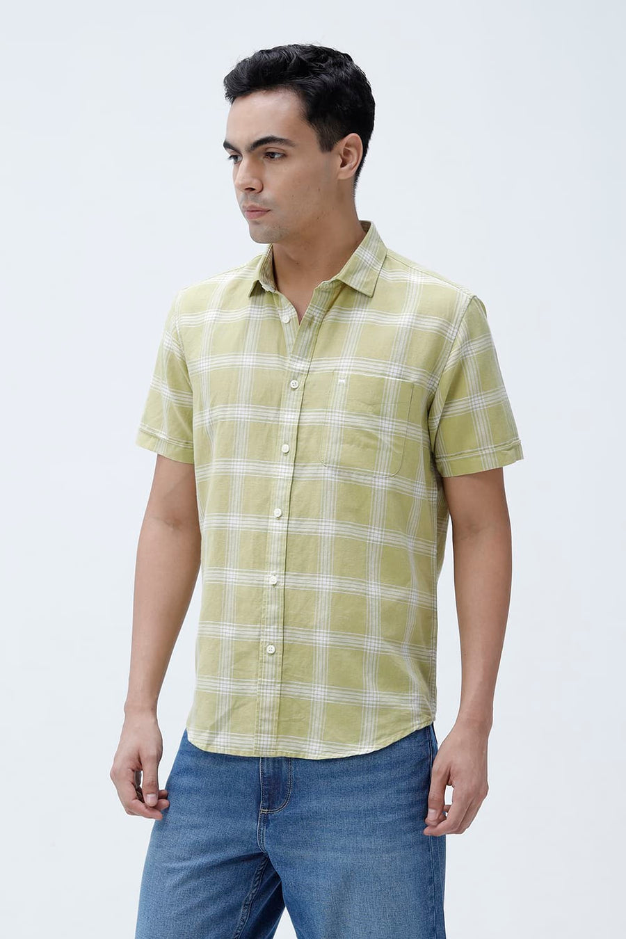 BASICS SLIM FIT BROWN COTTON LINEN CHECKS HALFSLEEVES SHIRT