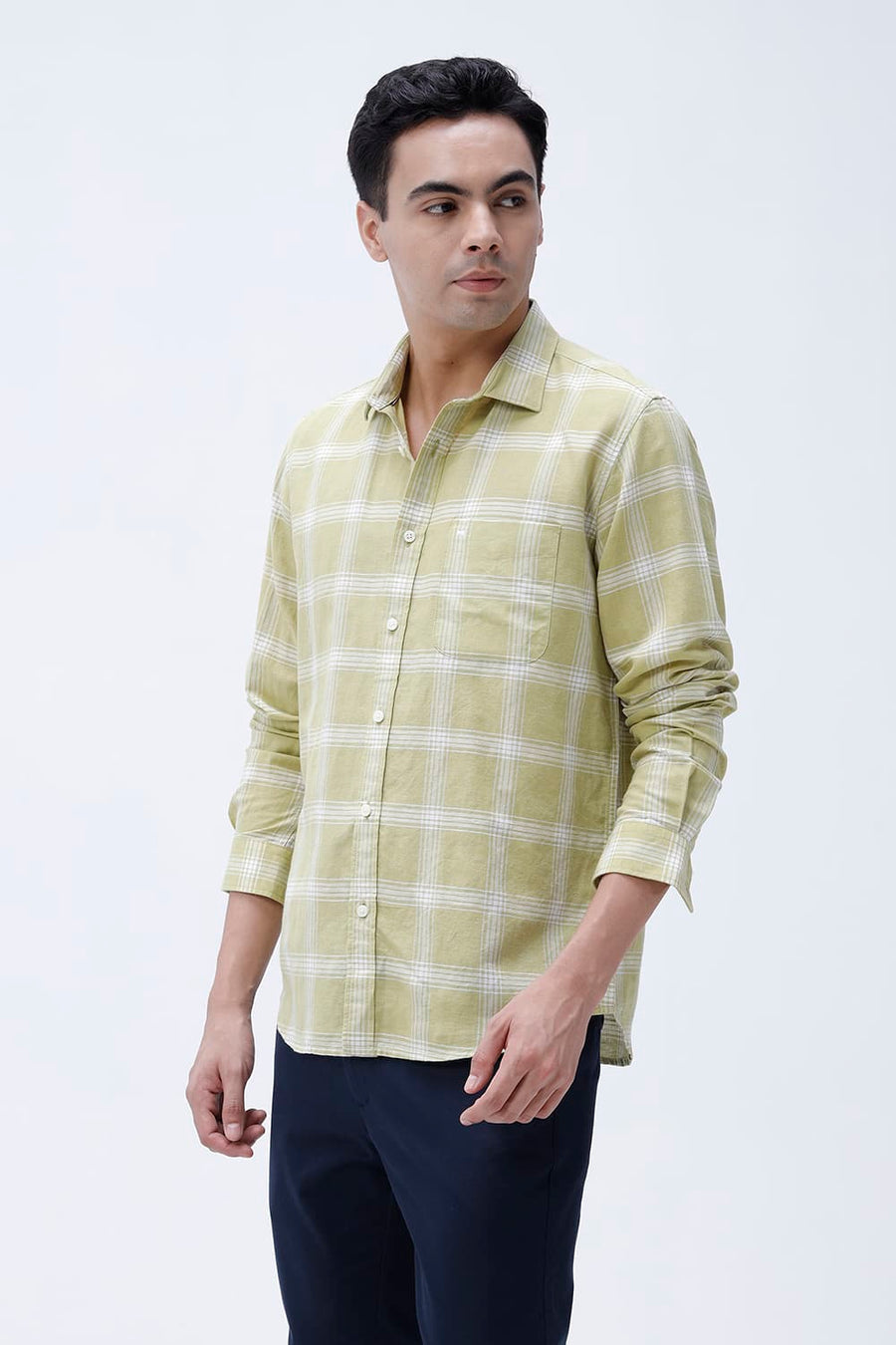 BASICS SLIM FIT BROWN COTTON LINEN CHECKS SHIRT