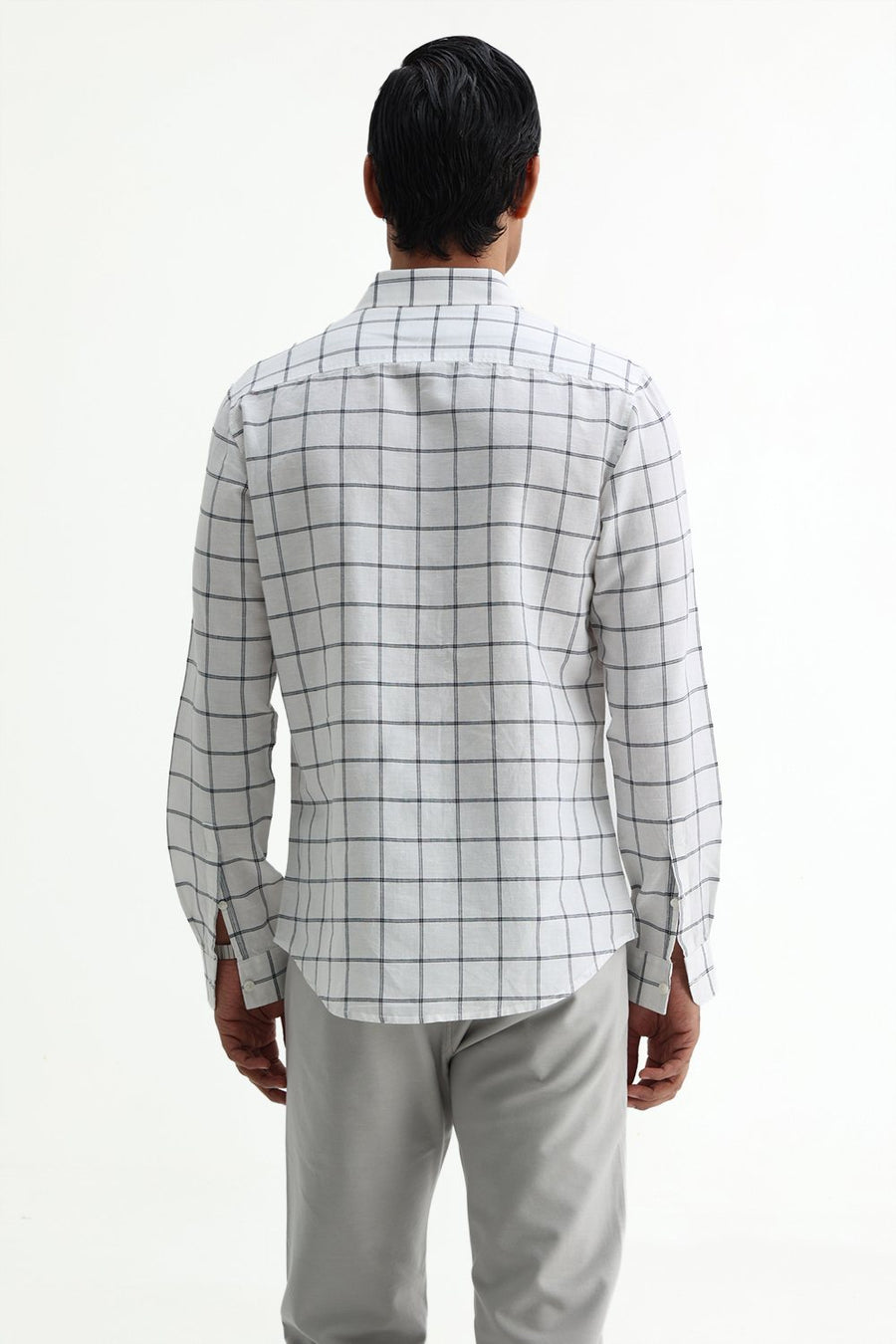 BASICS SLIM FIT TEAL COTTON LINEN CHECKS SHIRT