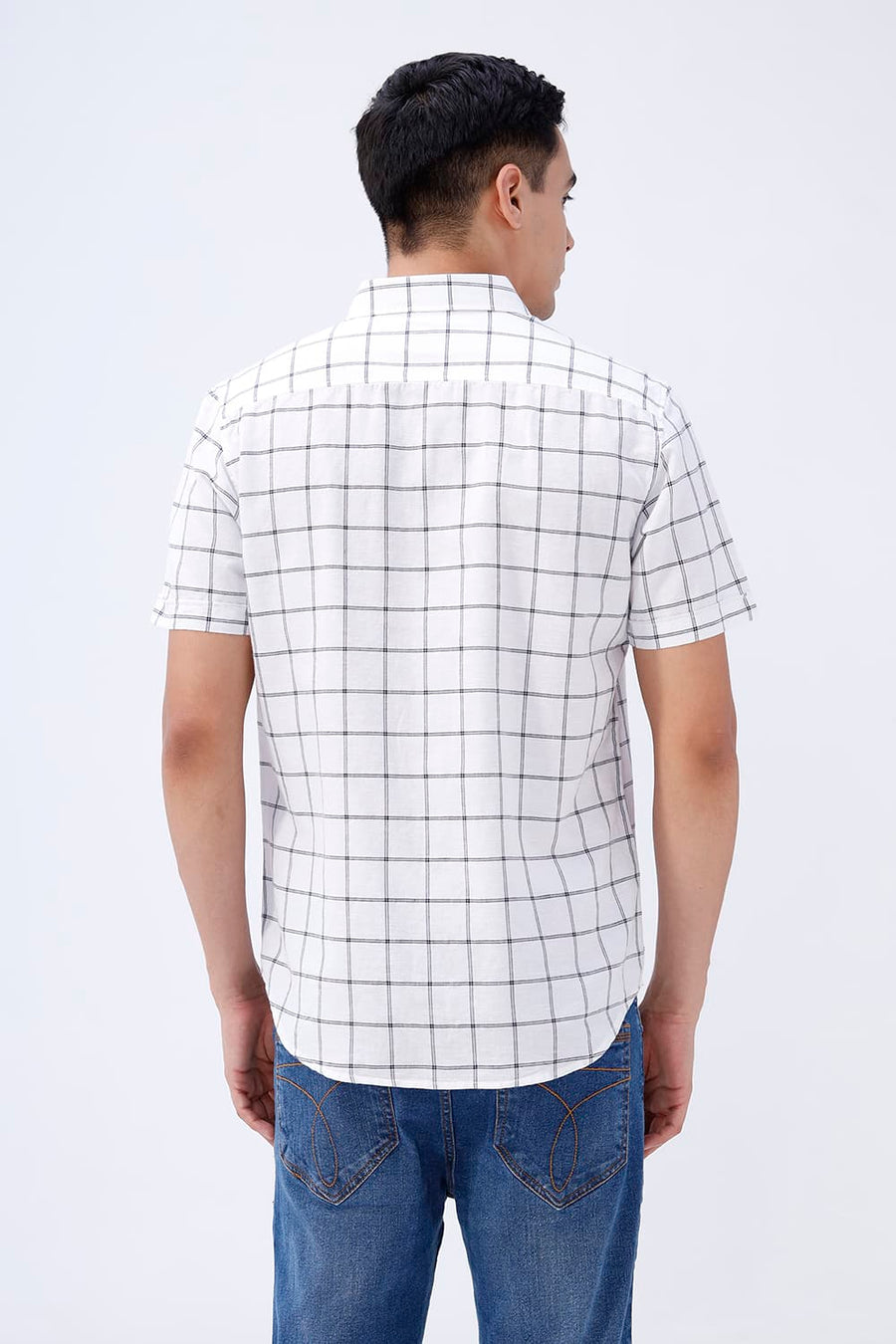 BASICS SLIM FIT TEAL COTTON LINEN CHECKS HALFSLEEVES SHIRT