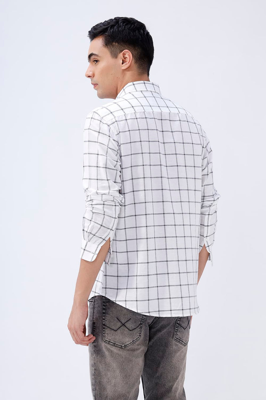 BASICS SLIM FIT TEAL COTTON LINEN CHECKS SHIRT