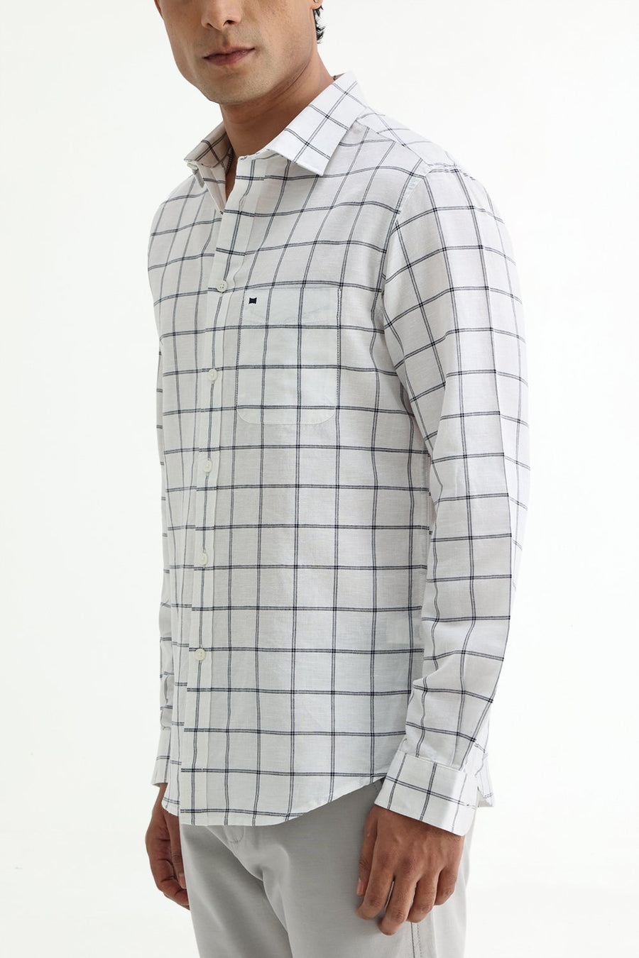 BASICS SLIM FIT TEAL COTTON LINEN CHECKS SHIRT