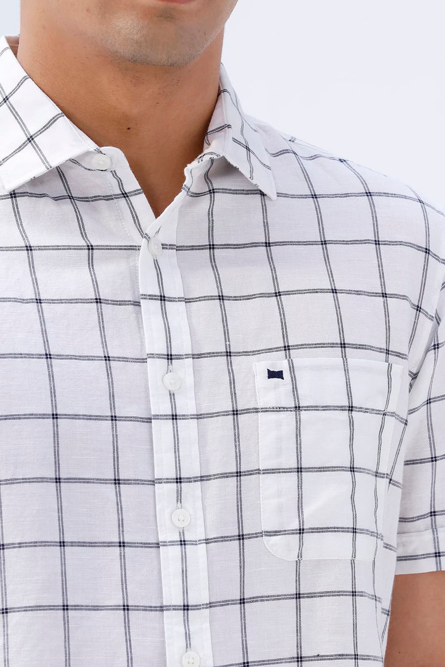 BASICS SLIM FIT TEAL COTTON LINEN CHECKS HALFSLEEVES SHIRT
