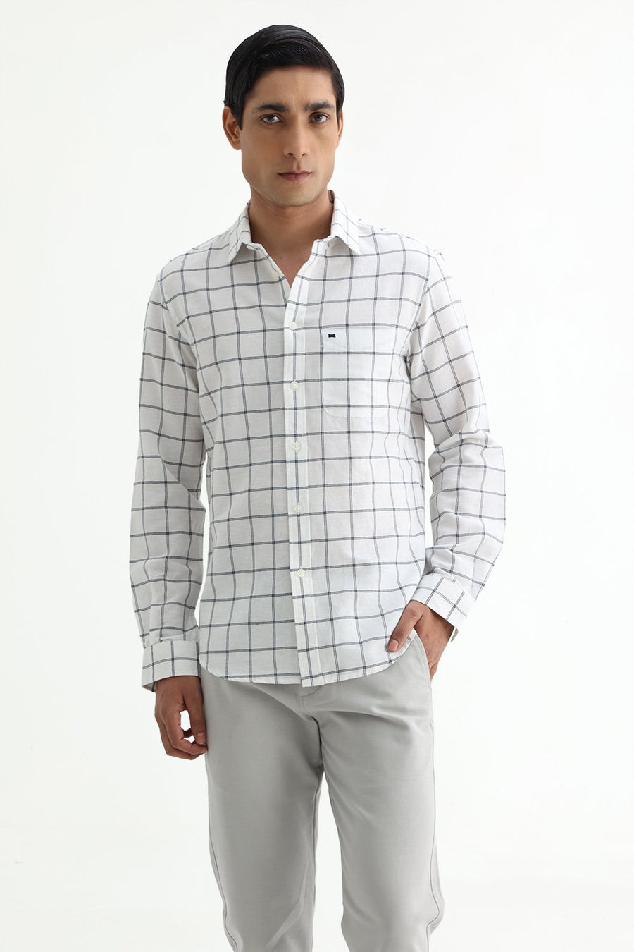 BASICS SLIM FIT TEAL COTTON LINEN CHECKS SHIRT