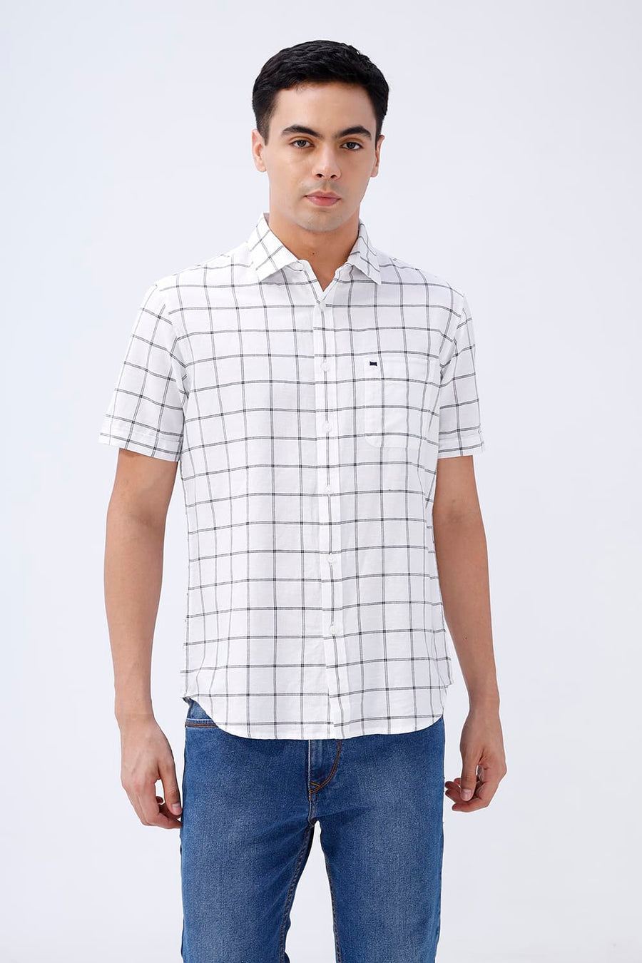 BASICS SLIM FIT TEAL COTTON LINEN CHECKS HALFSLEEVES SHIRT