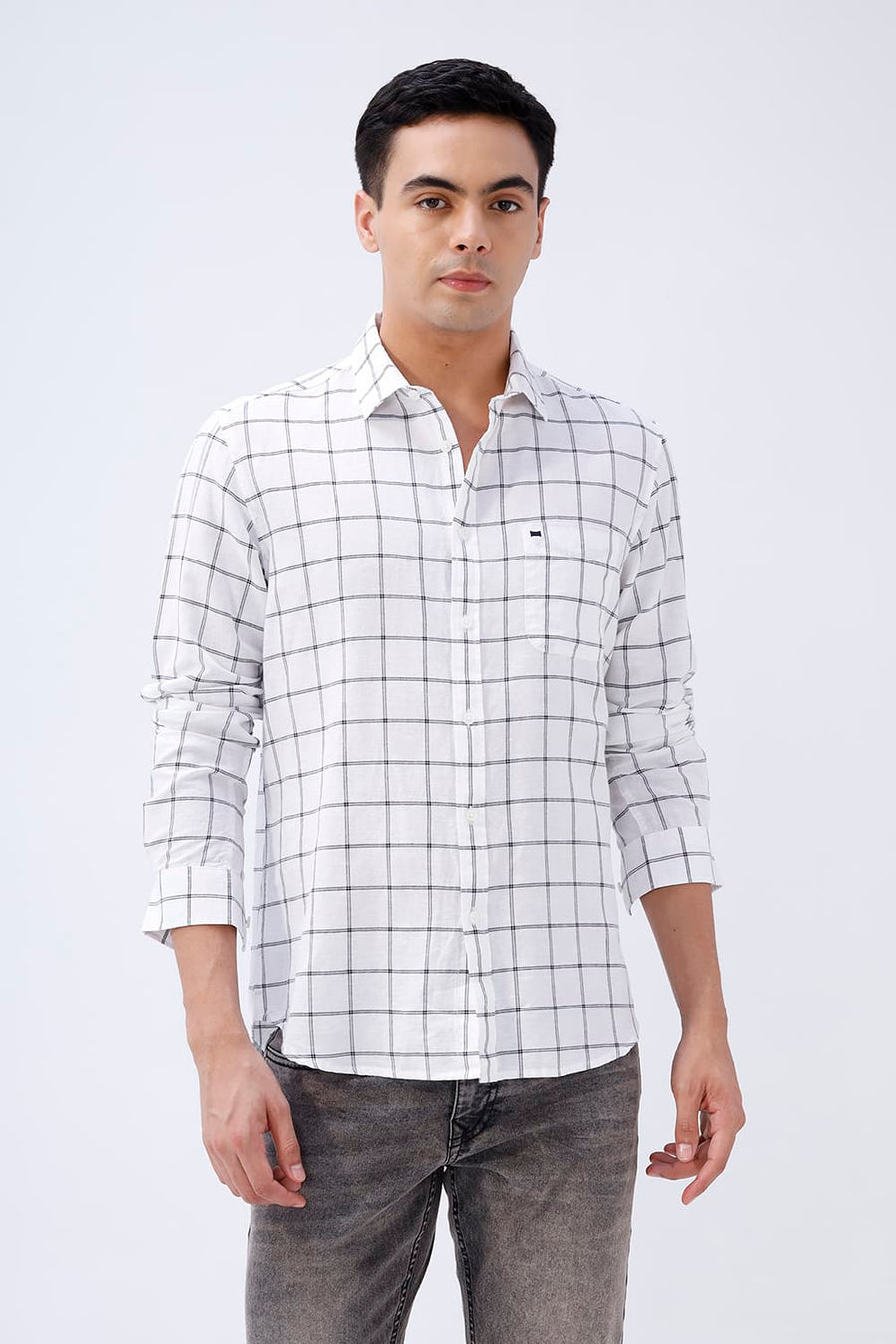 BASICS SLIM FIT TEAL COTTON LINEN CHECKS SHIRT