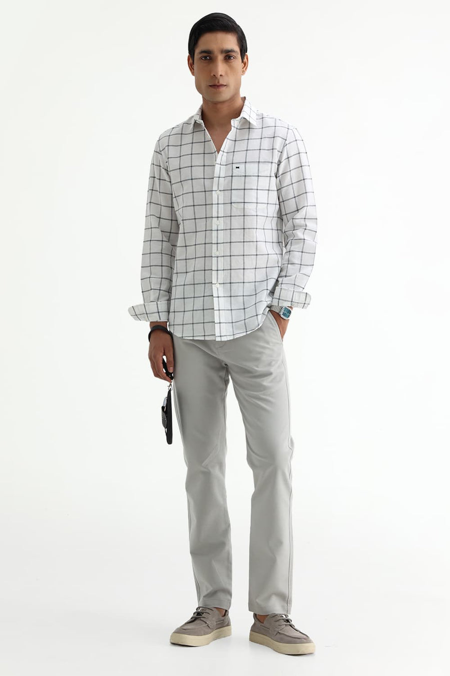 BASICS SLIM FIT TEAL COTTON LINEN CHECKS SHIRT