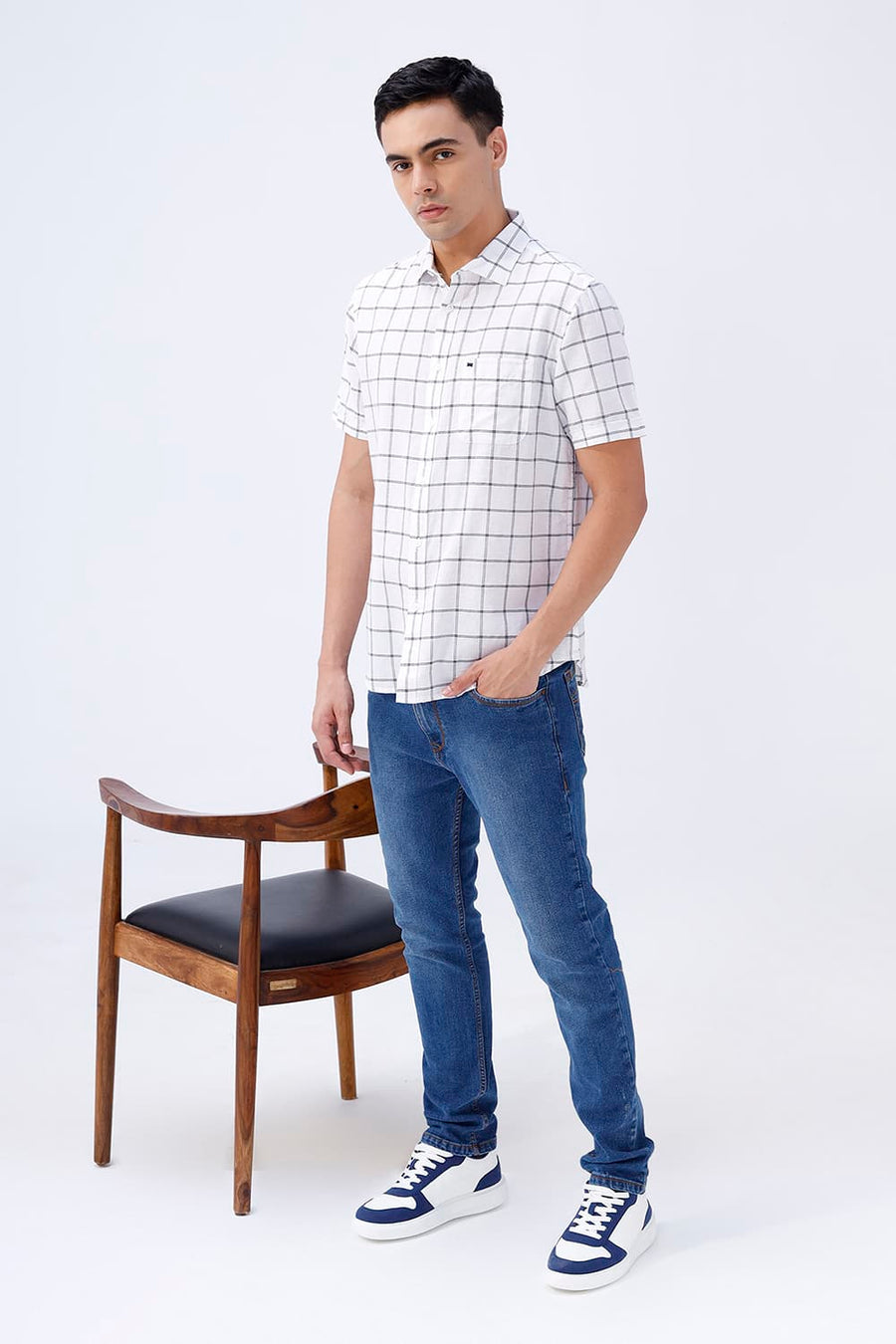 BASICS SLIM FIT TEAL COTTON LINEN CHECKS HALFSLEEVES SHIRT