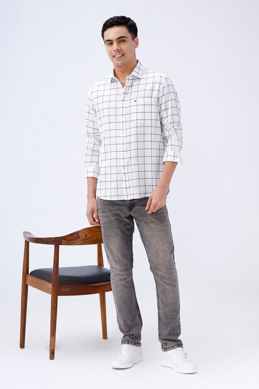 BASICS SLIM FIT TEAL COTTON LINEN CHECKS SHIRT