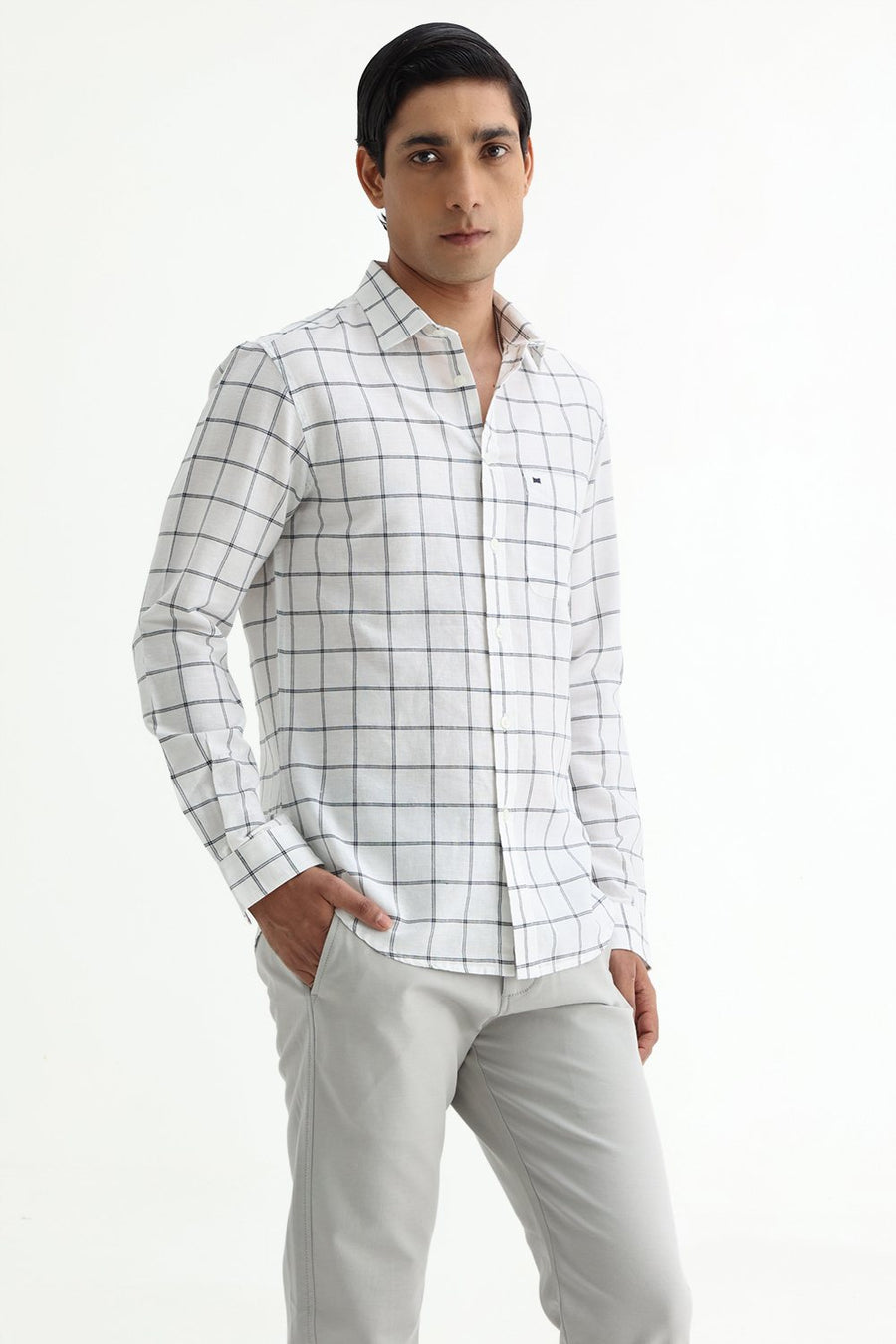 BASICS SLIM FIT TEAL COTTON LINEN CHECKS SHIRT