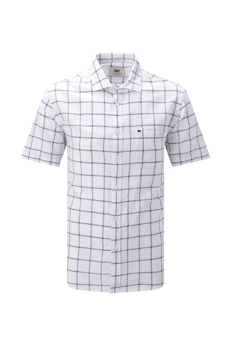 BASICS SLIM FIT TEAL COTTON LINEN CHECKS HALFSLEEVES SHIRT
