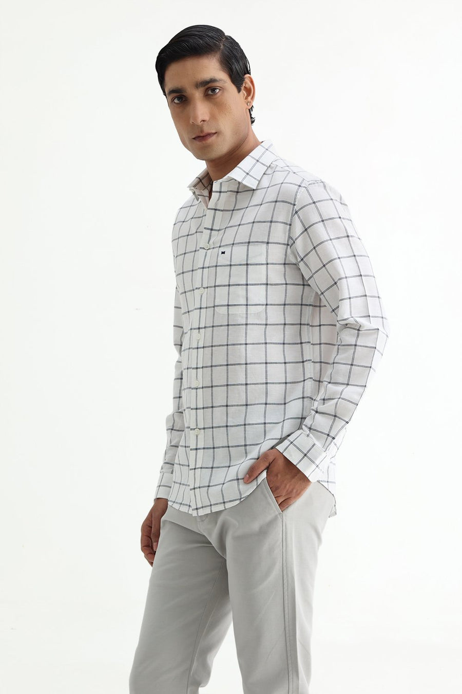 BASICS SLIM FIT TEAL COTTON LINEN CHECKS SHIRT