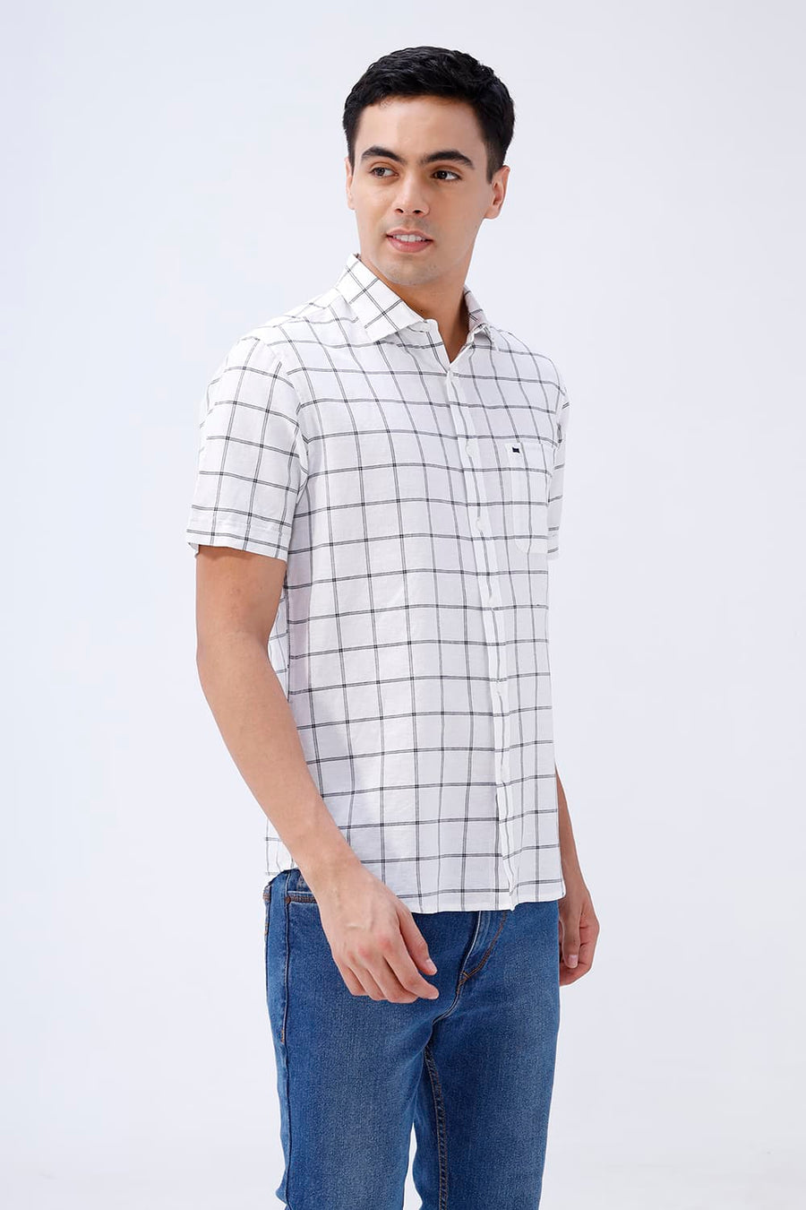 BASICS SLIM FIT TEAL COTTON LINEN CHECKS HALFSLEEVES SHIRT