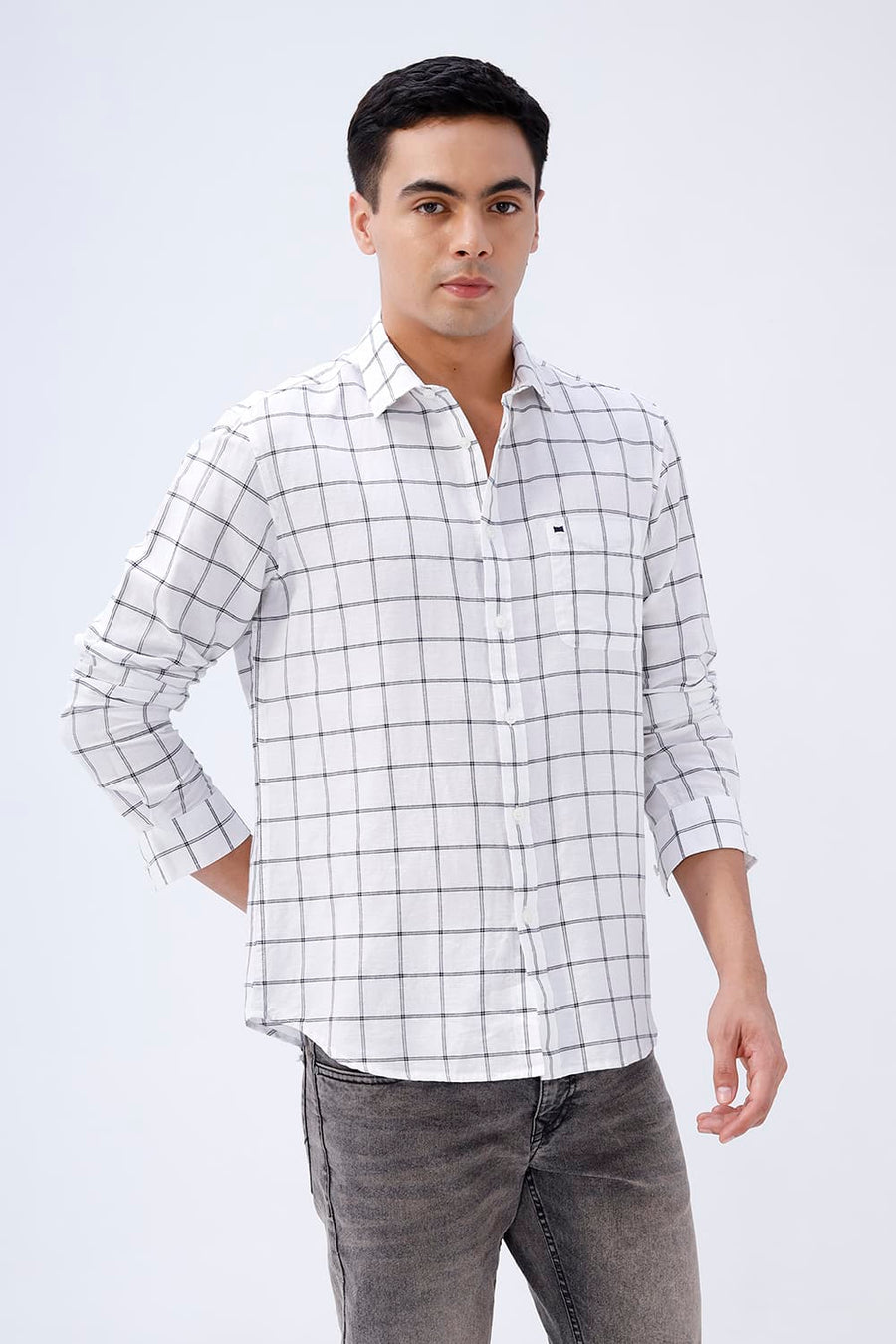 BASICS SLIM FIT TEAL COTTON LINEN CHECKS SHIRT