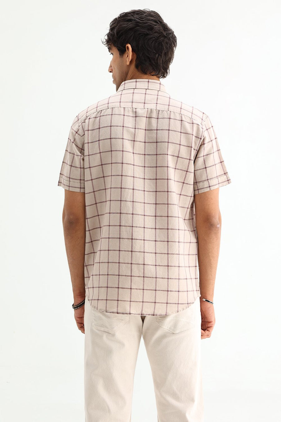 BASICS SLIM FIT GREEN COTTON LINEN CHECKS SHIRT