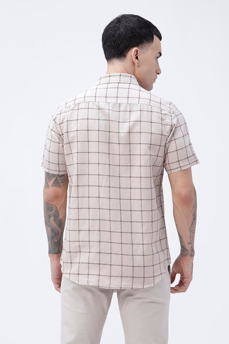 BASICS SLIM FIT GREEN COTTON LINEN CHECKS HALFSLEEVES SHIRT