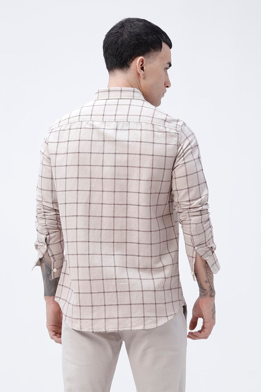 BASICS SLIM FIT GREEN COTTON LINEN CHECKS SHIRT