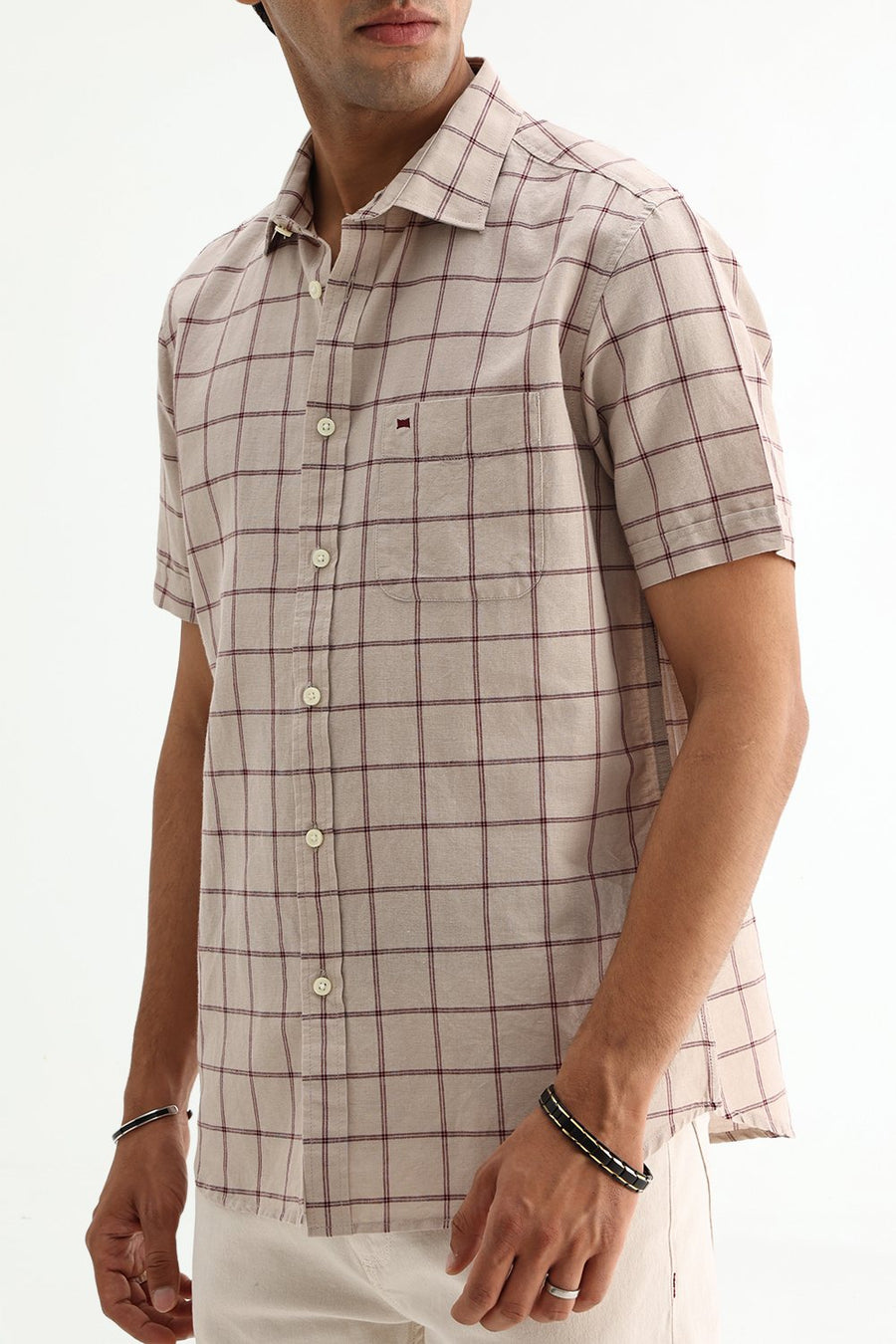 BASICS SLIM FIT GREEN COTTON LINEN CHECKS SHIRT