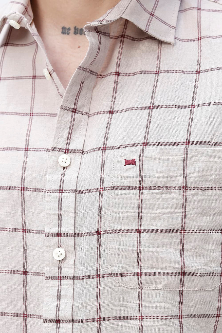 BASICS SLIM FIT GREEN COTTON LINEN CHECKS HALFSLEEVES SHIRT