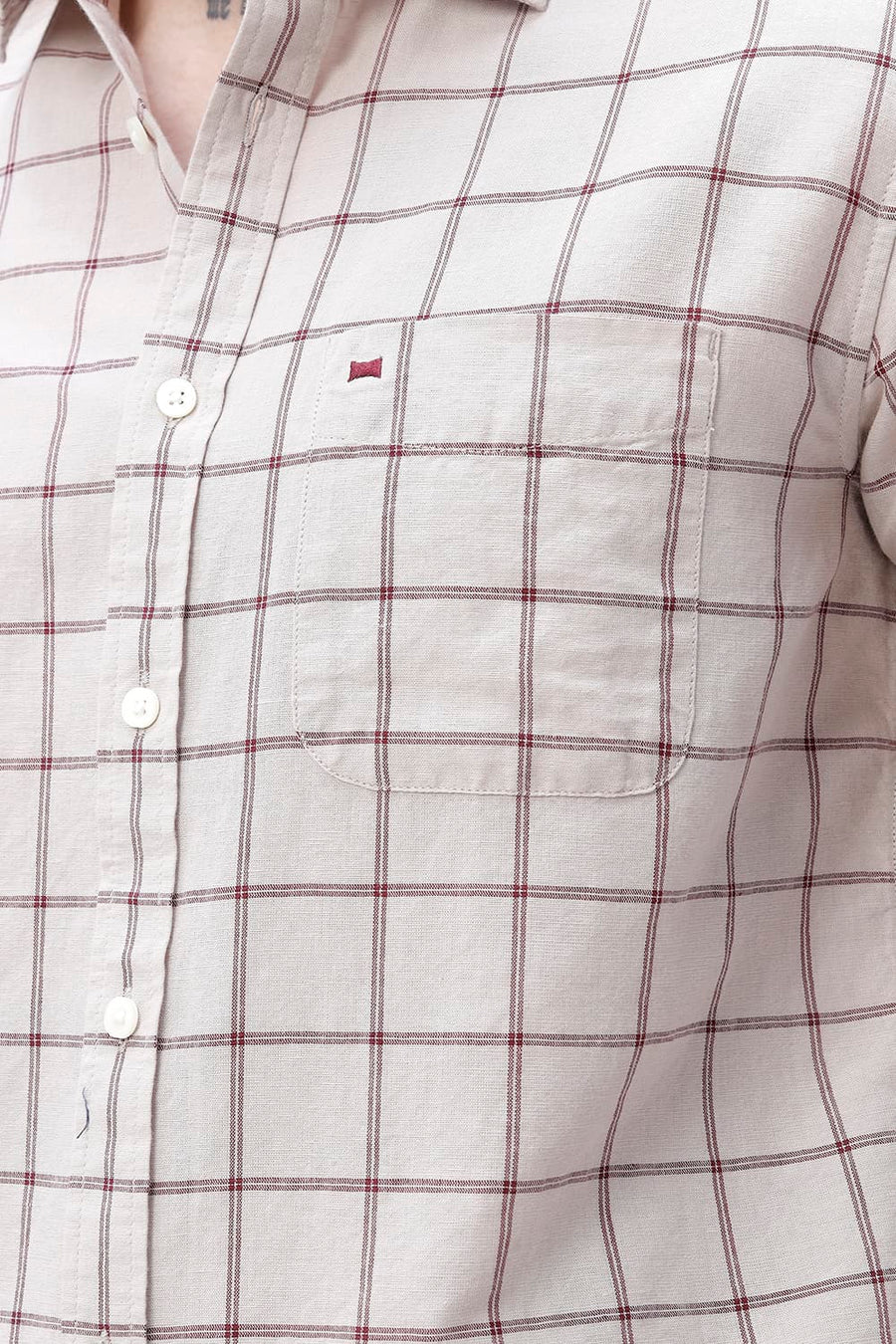 BASICS SLIM FIT GREEN COTTON LINEN CHECKS SHIRT