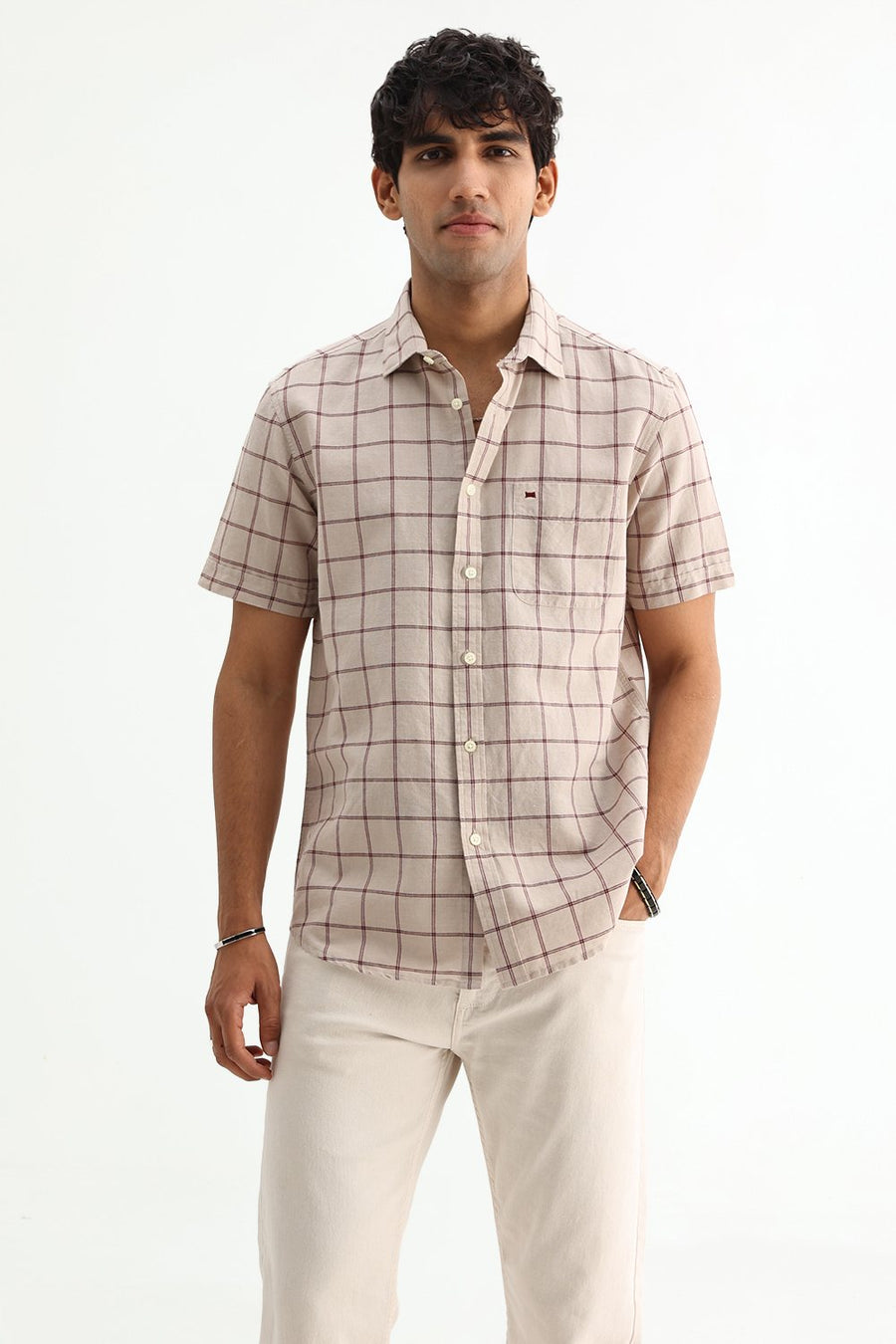 BASICS SLIM FIT GREEN COTTON LINEN CHECKS SHIRT