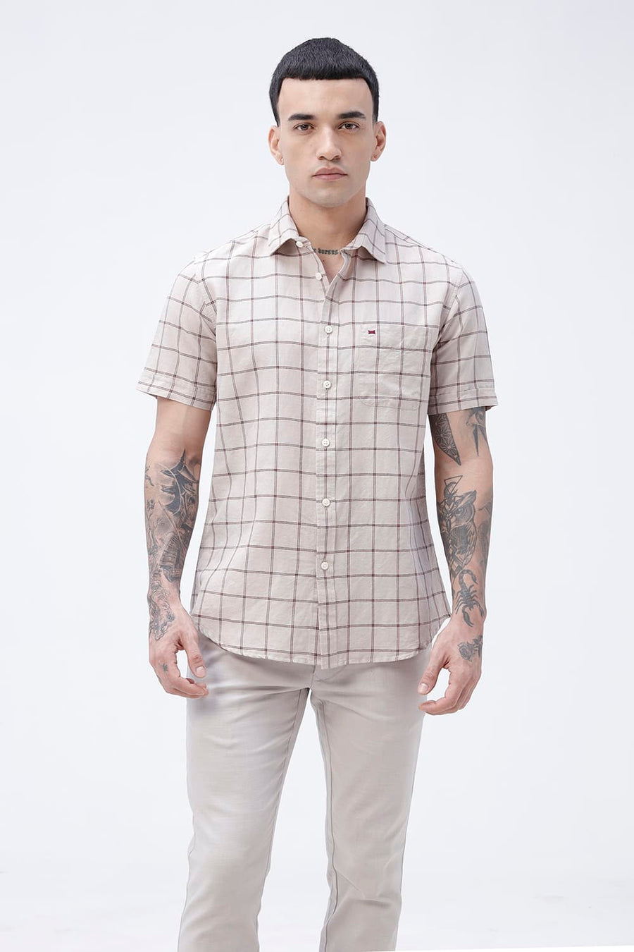 BASICS SLIM FIT GREEN COTTON LINEN CHECKS HALFSLEEVES SHIRT