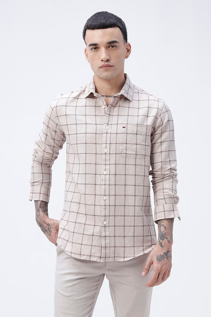 BASICS SLIM FIT GREEN COTTON LINEN CHECKS SHIRT