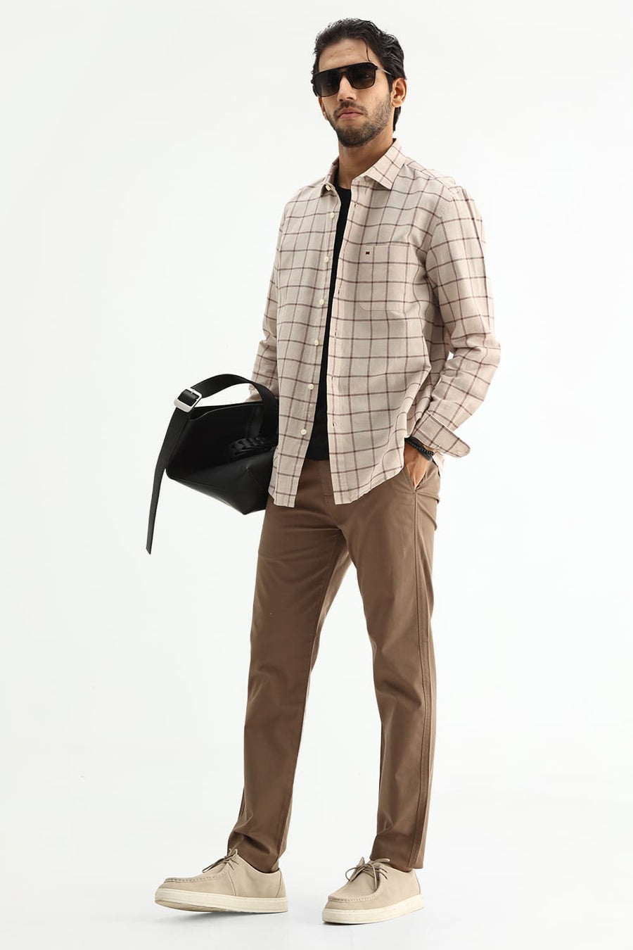 BASICS SLIM FIT GREEN COTTON LINEN CHECKS SHIRT