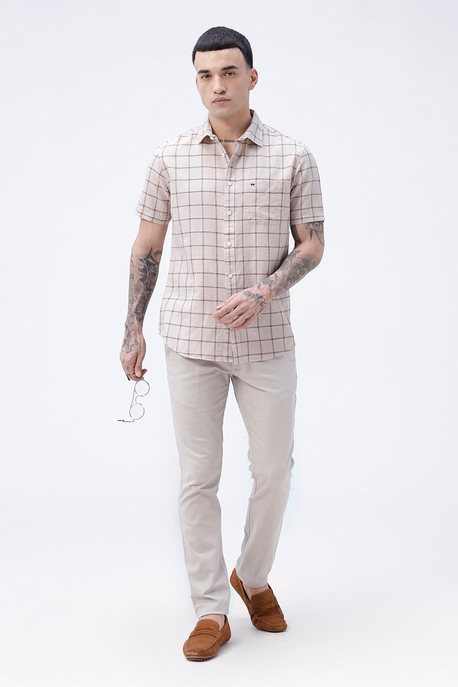 BASICS SLIM FIT GREEN COTTON LINEN CHECKS HALFSLEEVES SHIRT