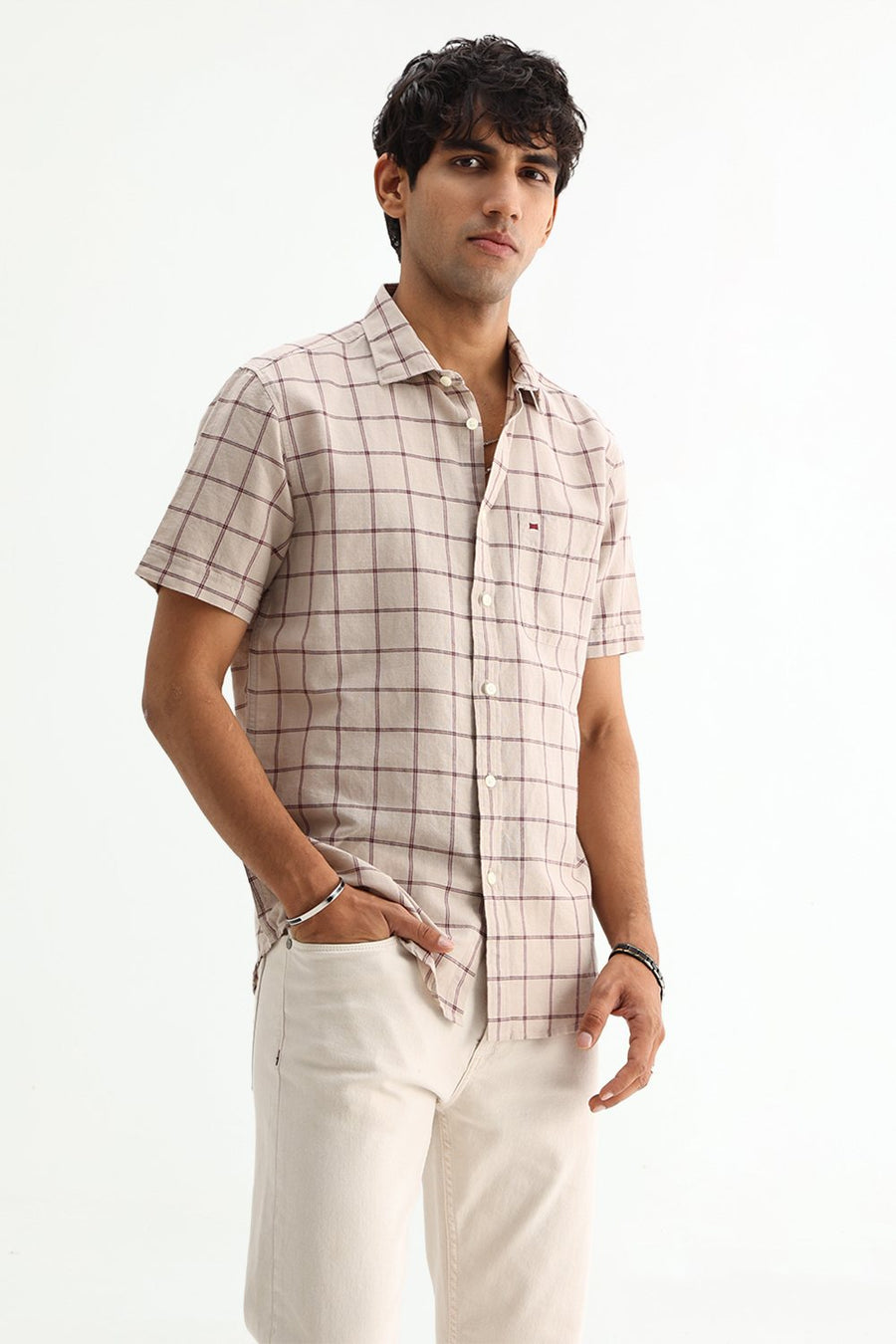 BASICS SLIM FIT GREEN COTTON LINEN CHECKS SHIRT