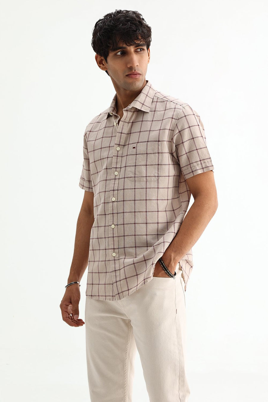 BASICS SLIM FIT GREEN COTTON LINEN CHECKS SHIRT