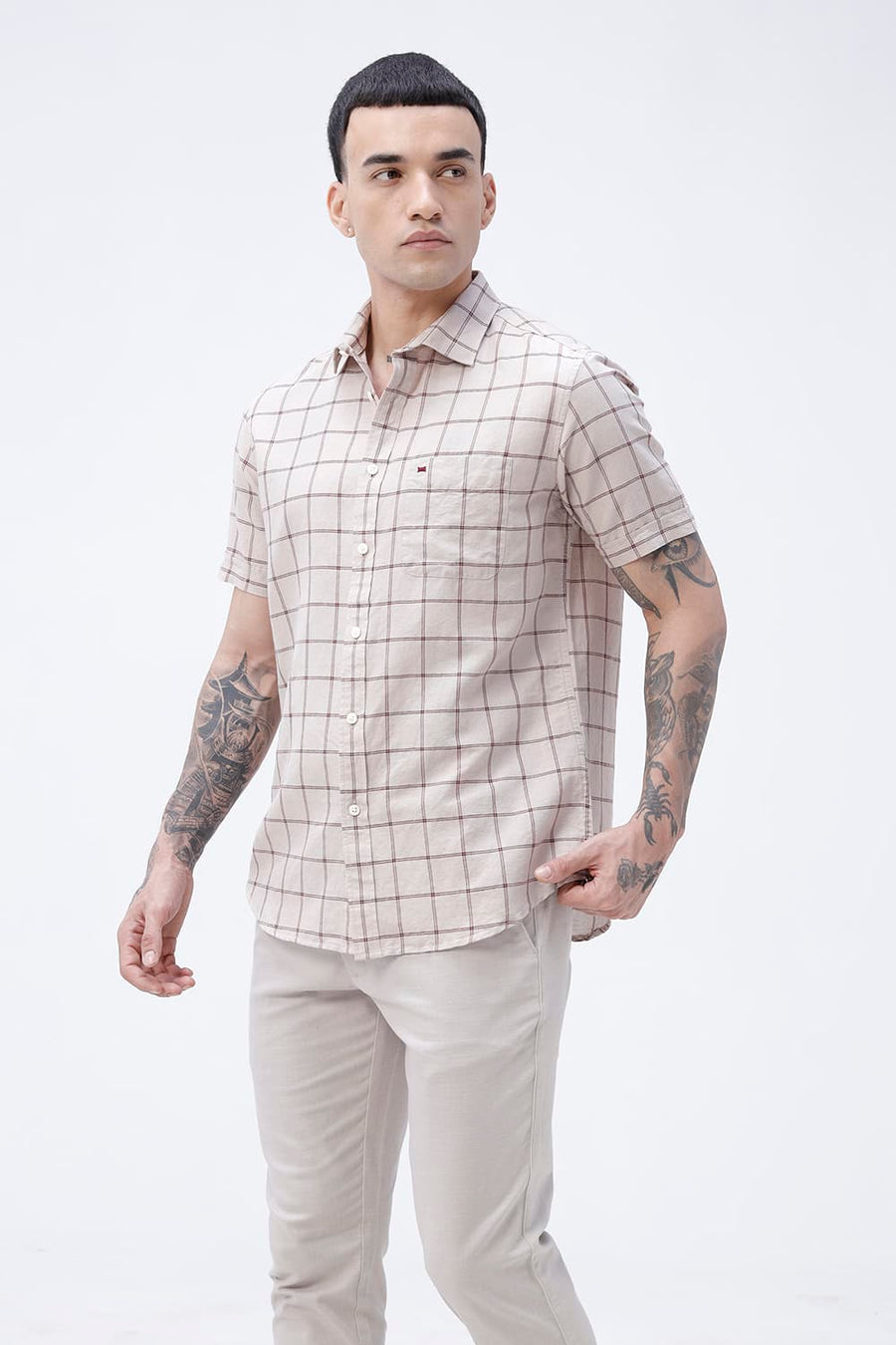 BASICS SLIM FIT GREEN COTTON LINEN CHECKS HALFSLEEVES SHIRT