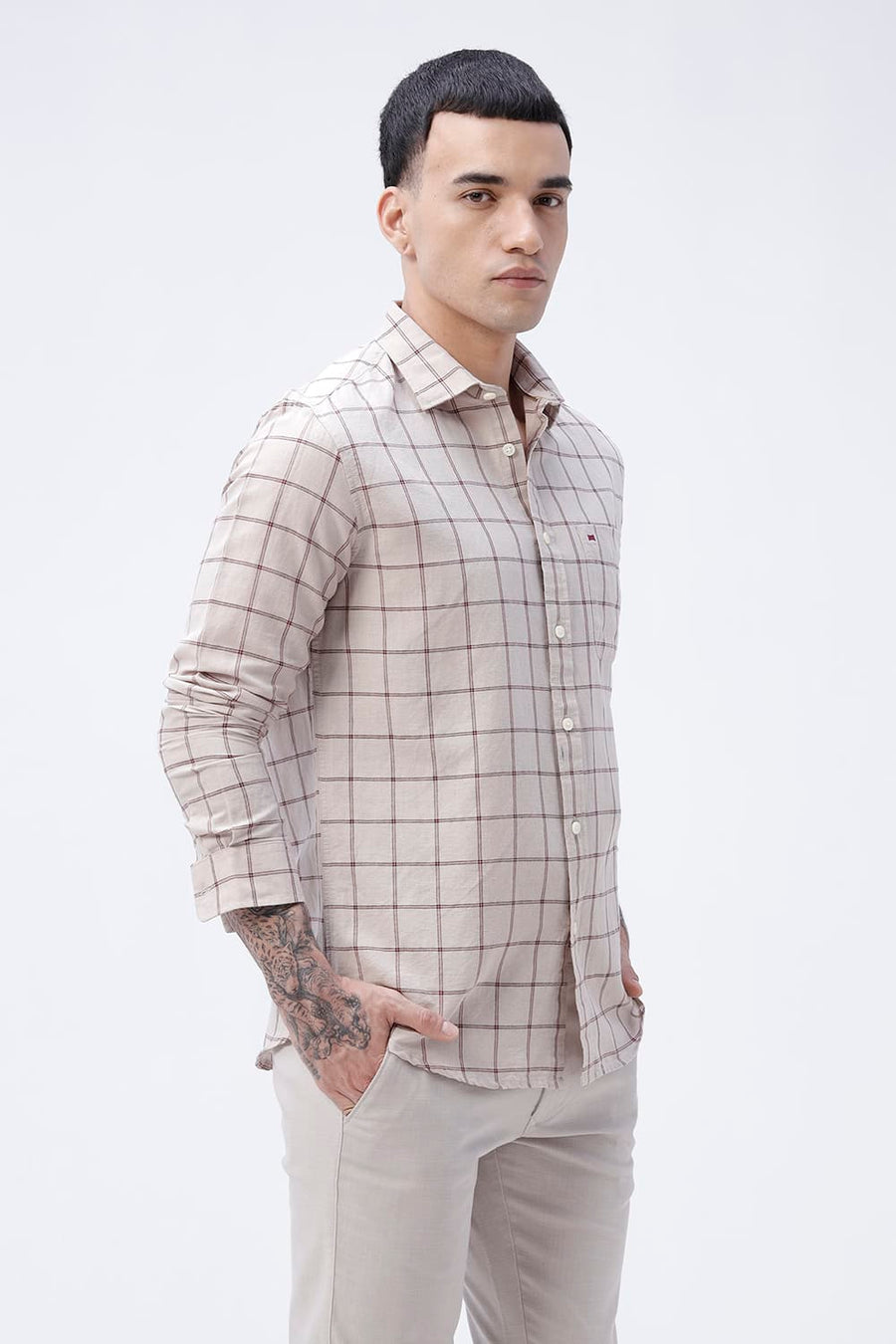 BASICS SLIM FIT GREEN COTTON LINEN CHECKS SHIRT