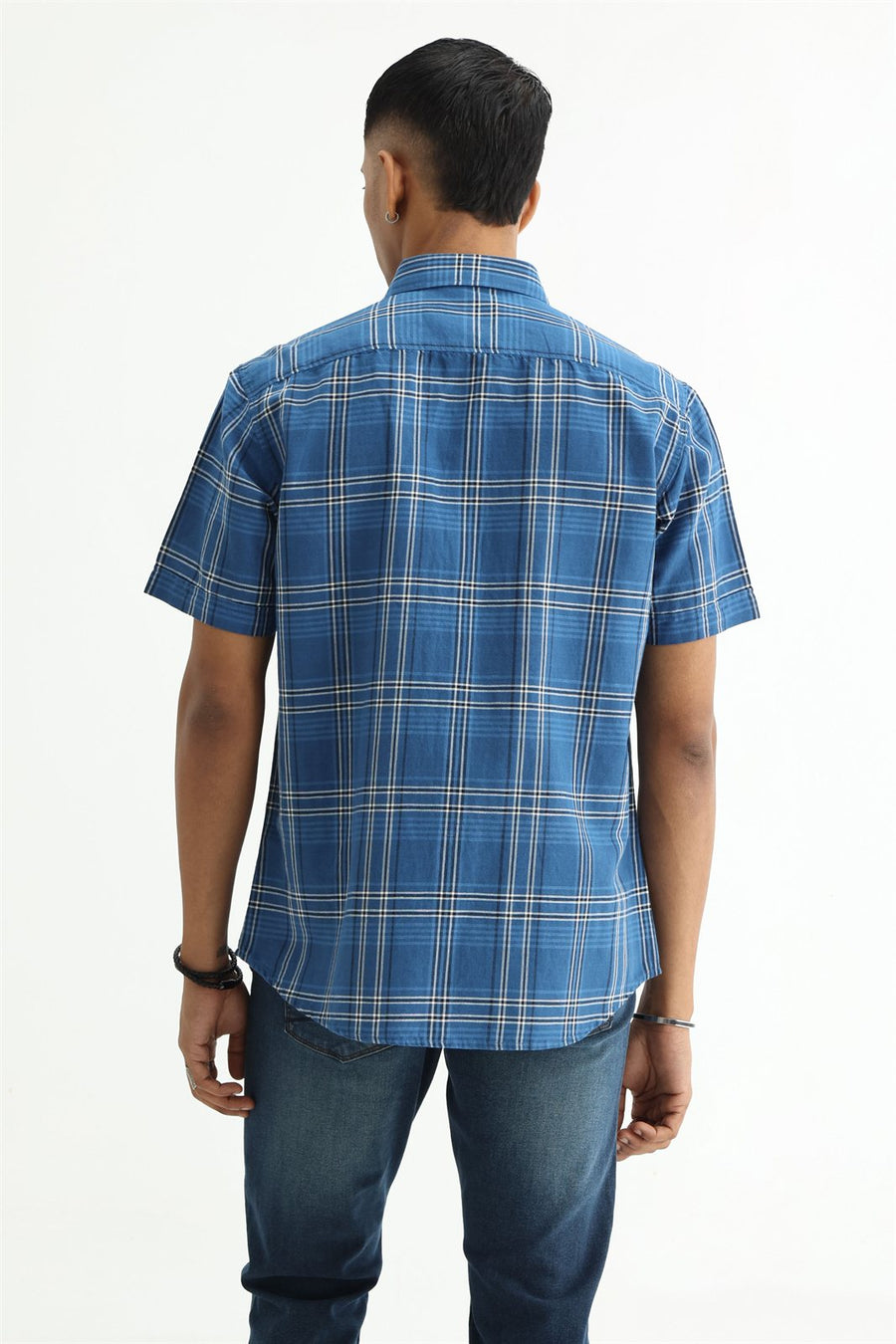 BASICS SLIM FIT PURPLE COTTON LINEN CHECKS HALFSLEEVES SHIRT