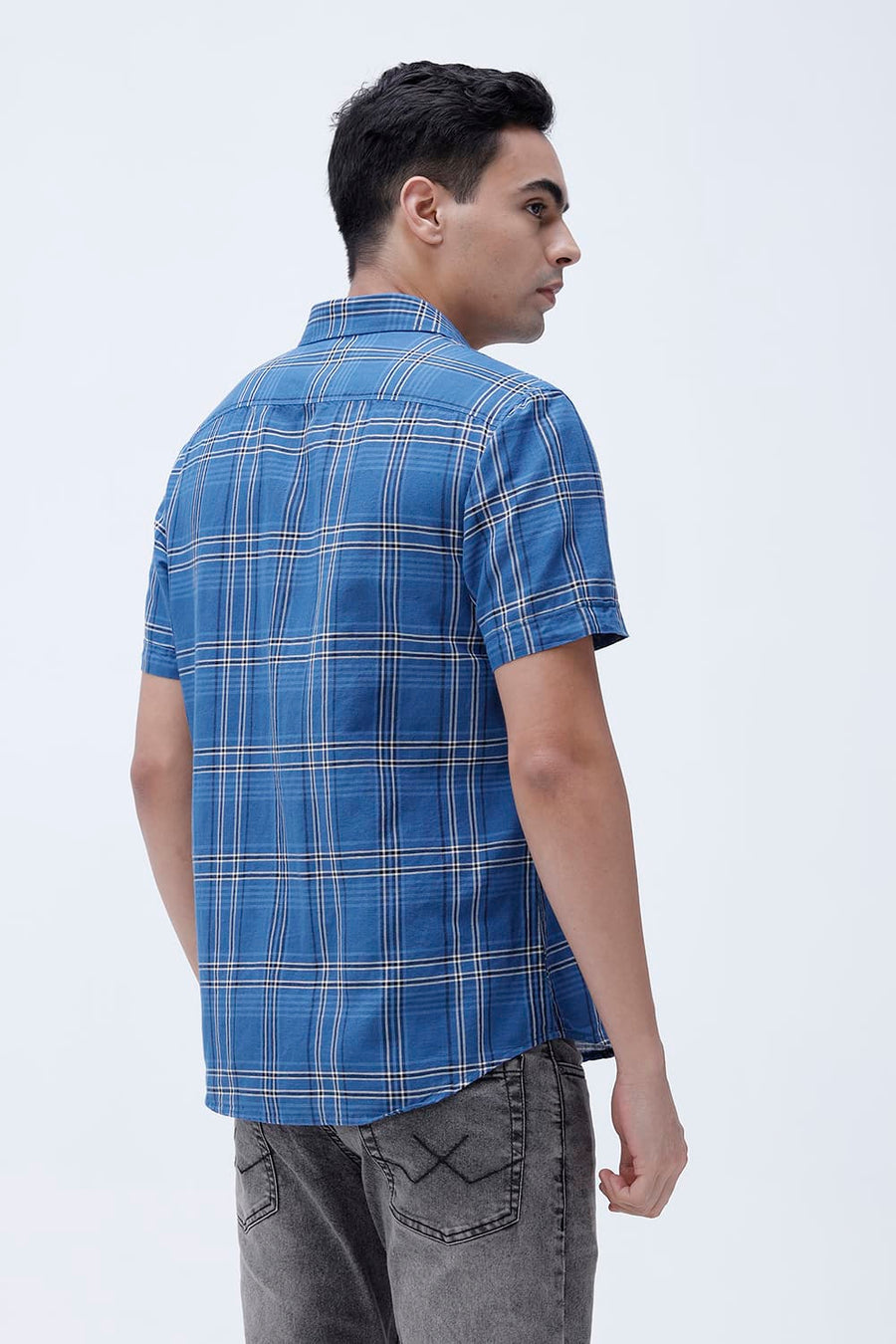 BASICS SLIM FIT PURPLE COTTON LINEN CHECKS HALFSLEEVES SHIRT