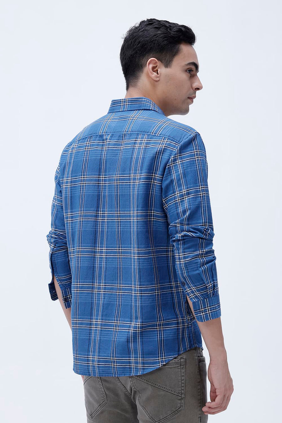 BASICS SLIM FIT PURPLE COTTON LINEN CHECKS SHIRT