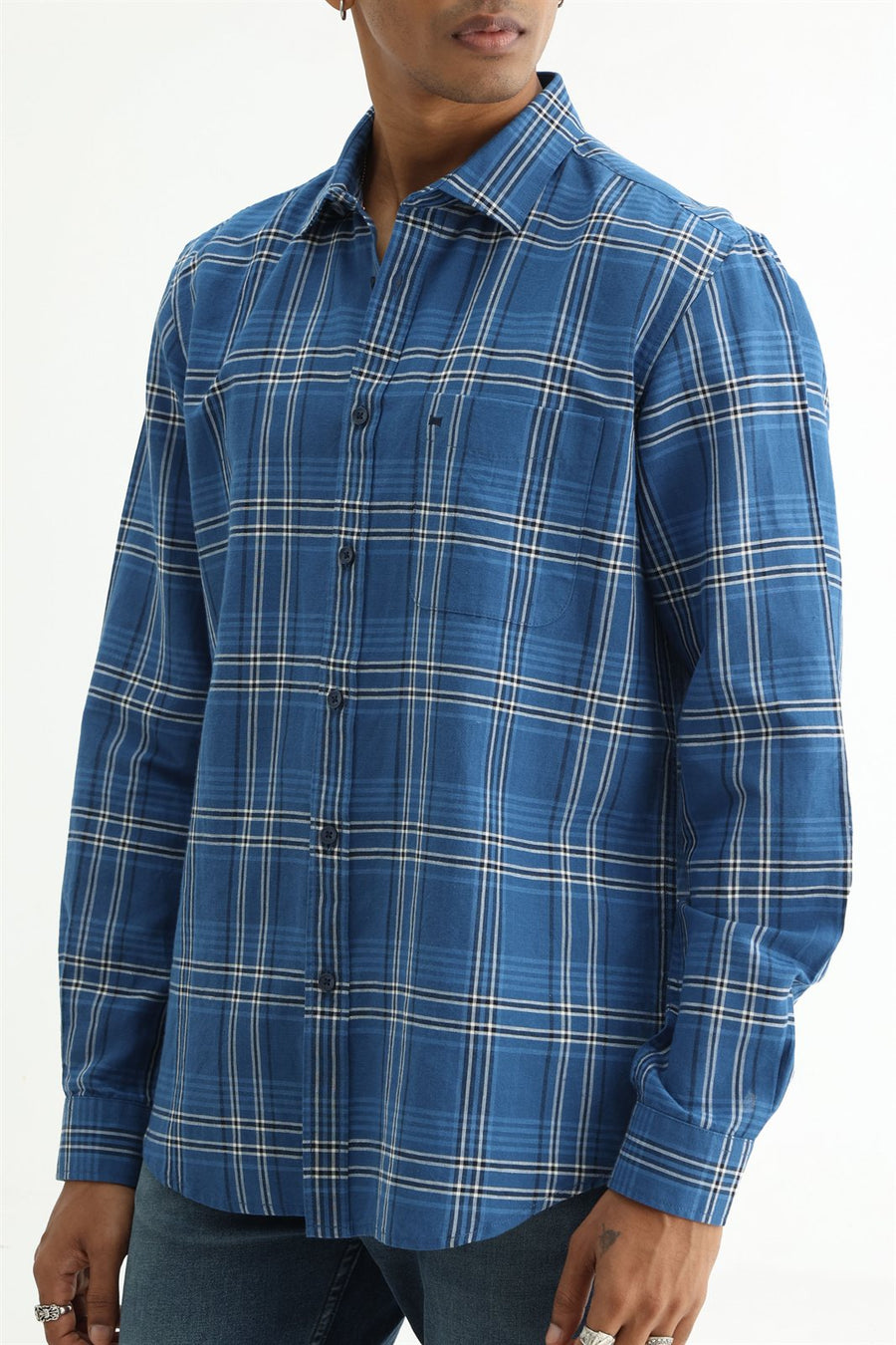 BASICS SLIM FIT PURPLE COTTON LINEN CHECKS SHIRT