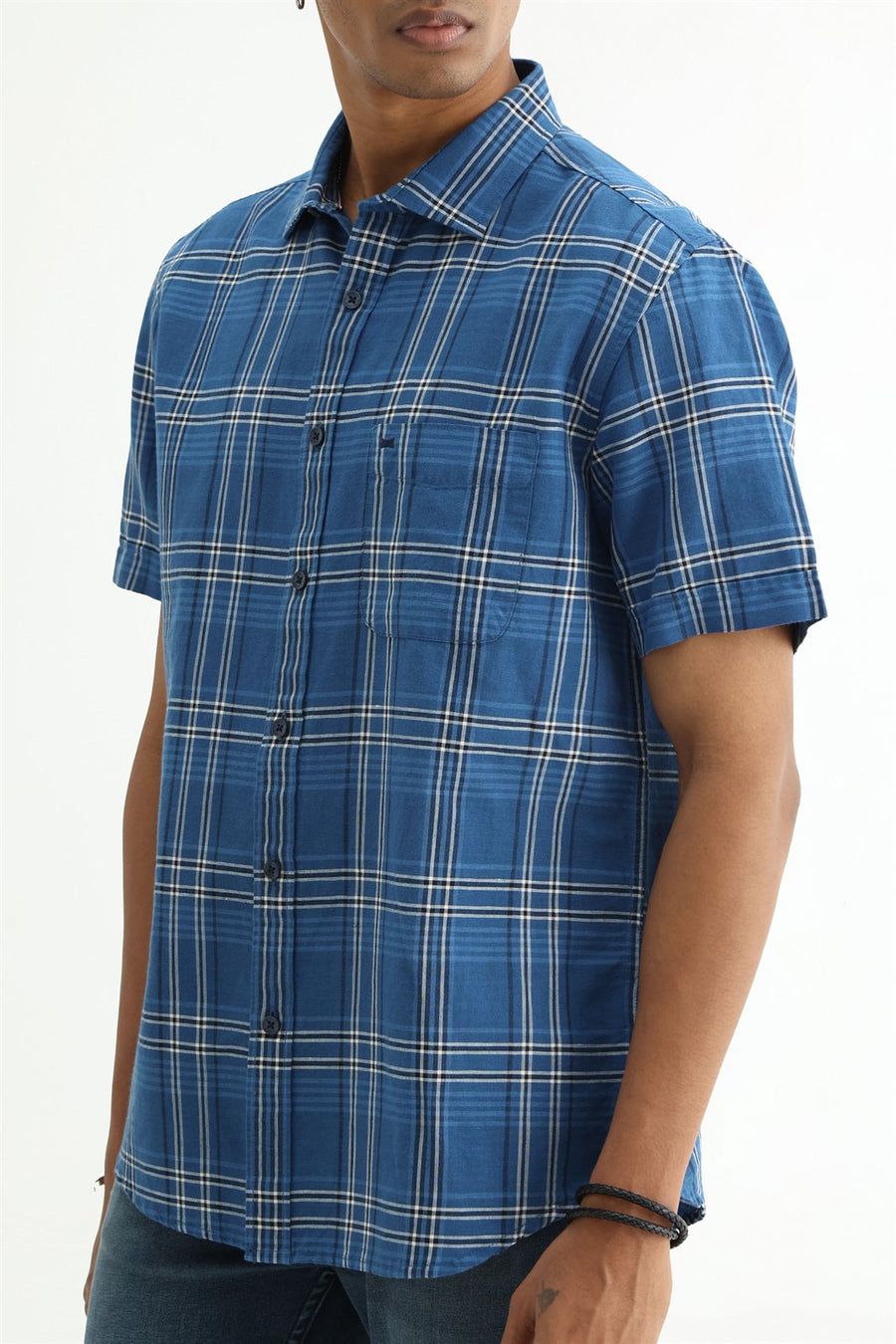 BASICS SLIM FIT PURPLE COTTON LINEN CHECKS HALFSLEEVES SHIRT