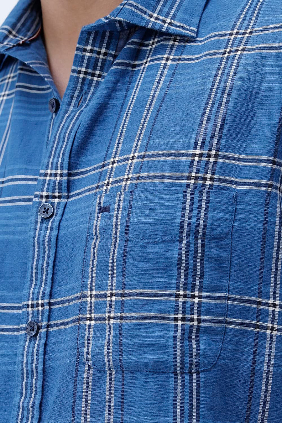 BASICS SLIM FIT PURPLE COTTON LINEN CHECKS HALFSLEEVES SHIRT