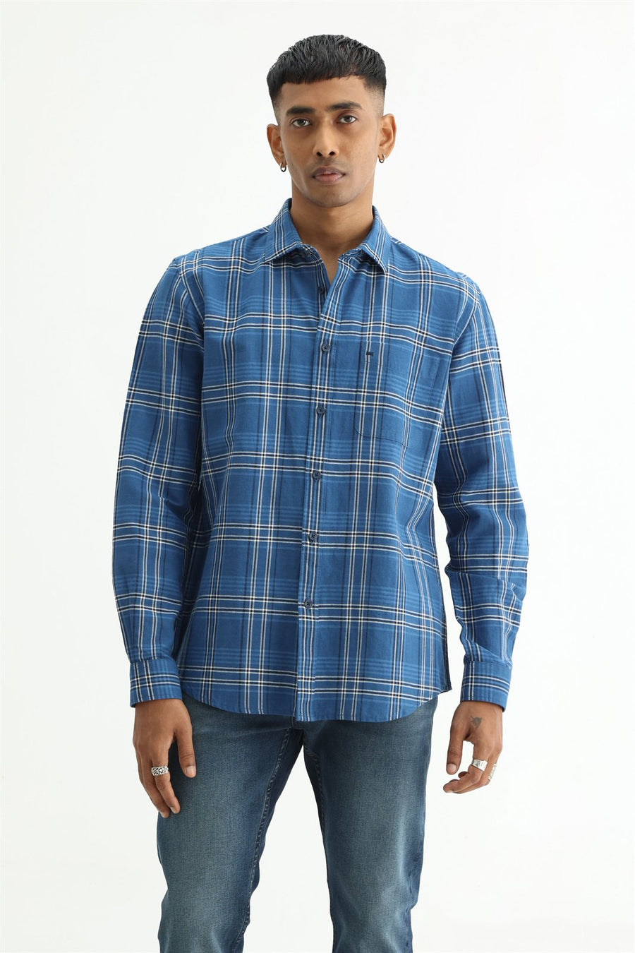 BASICS SLIM FIT PURPLE COTTON LINEN CHECKS SHIRT