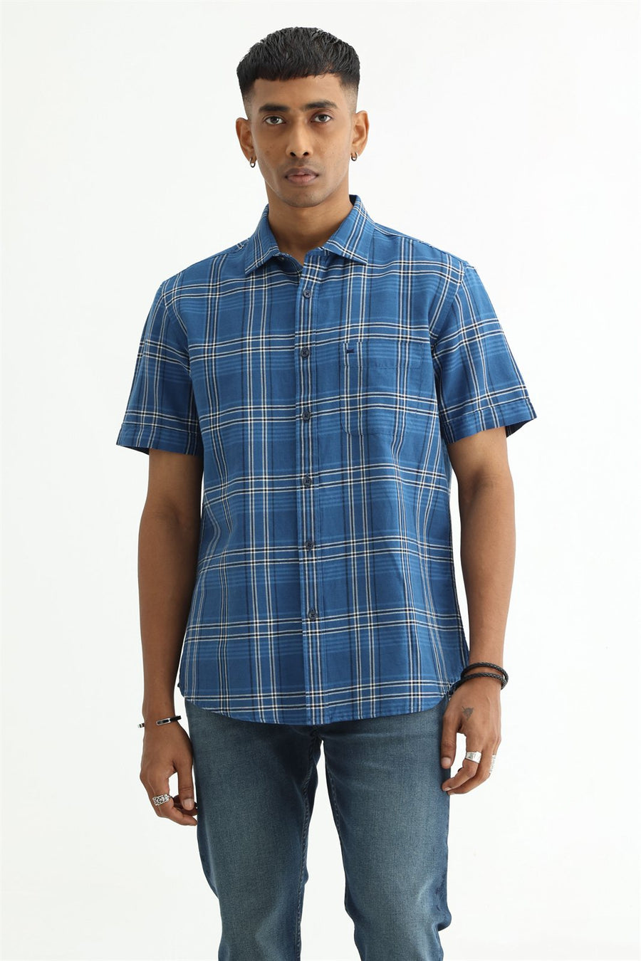 BASICS SLIM FIT PURPLE COTTON LINEN CHECKS HALFSLEEVES SHIRT