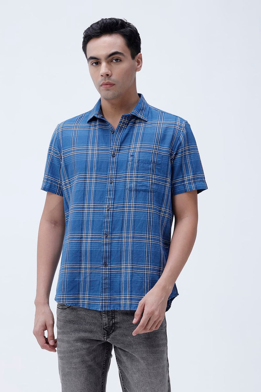 BASICS SLIM FIT PURPLE COTTON LINEN CHECKS HALFSLEEVES SHIRT