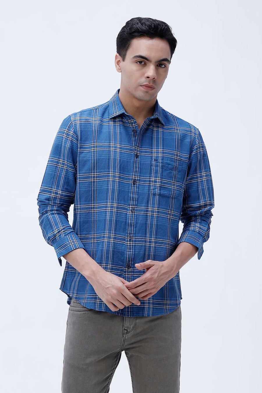 BASICS SLIM FIT PURPLE COTTON LINEN CHECKS SHIRT