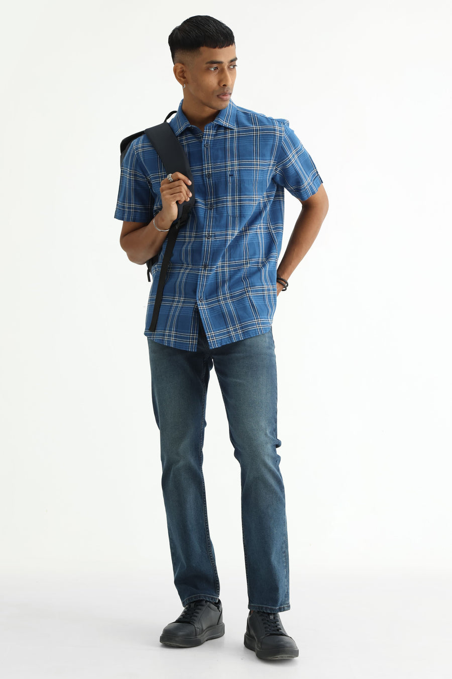 BASICS SLIM FIT PURPLE COTTON LINEN CHECKS HALFSLEEVES SHIRT