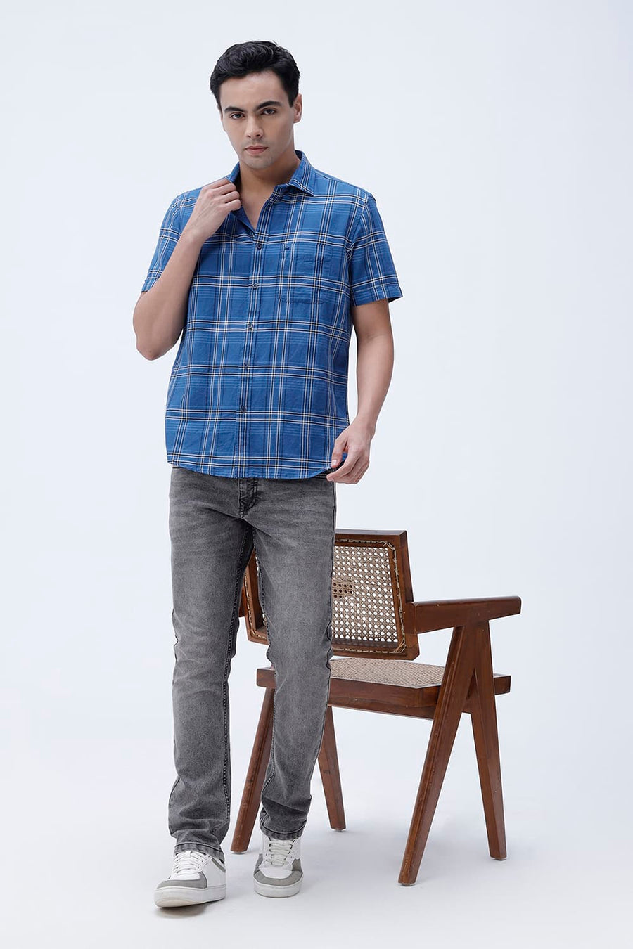 BASICS SLIM FIT PURPLE COTTON LINEN CHECKS HALFSLEEVES SHIRT