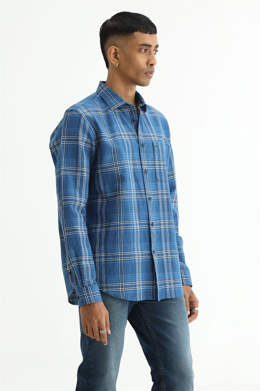 BASICS SLIM FIT PURPLE COTTON LINEN CHECKS SHIRT