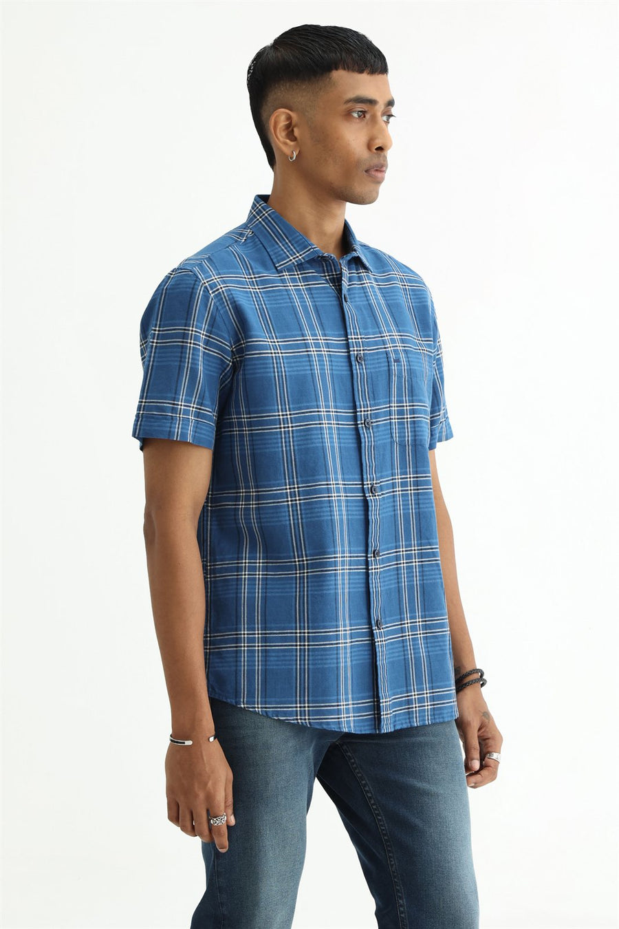 BASICS SLIM FIT PURPLE COTTON LINEN CHECKS HALFSLEEVES SHIRT