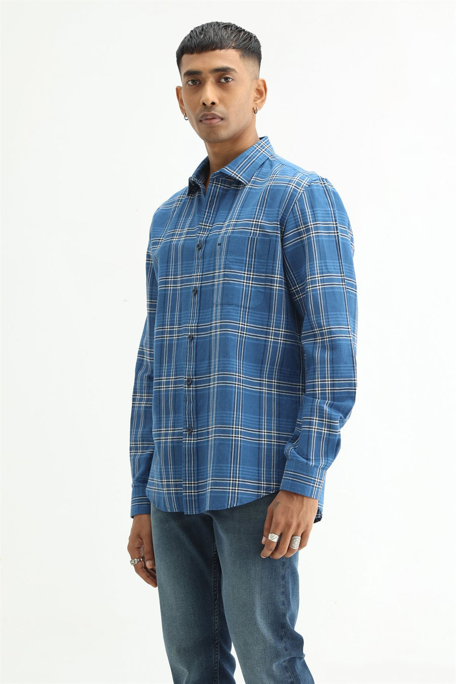 BASICS SLIM FIT PURPLE COTTON LINEN CHECKS SHIRT