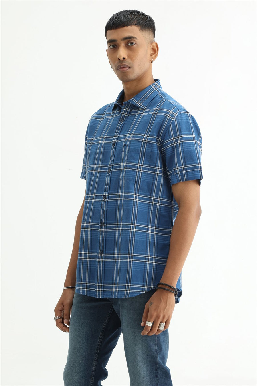 BASICS SLIM FIT PURPLE COTTON LINEN CHECKS HALFSLEEVES SHIRT
